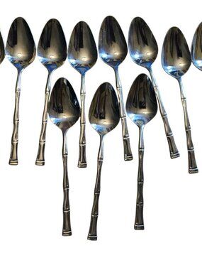 Lot 12 Bamboo Pattern Oval Soup Spoons Stainless Korea 7.5" MCM Flatware